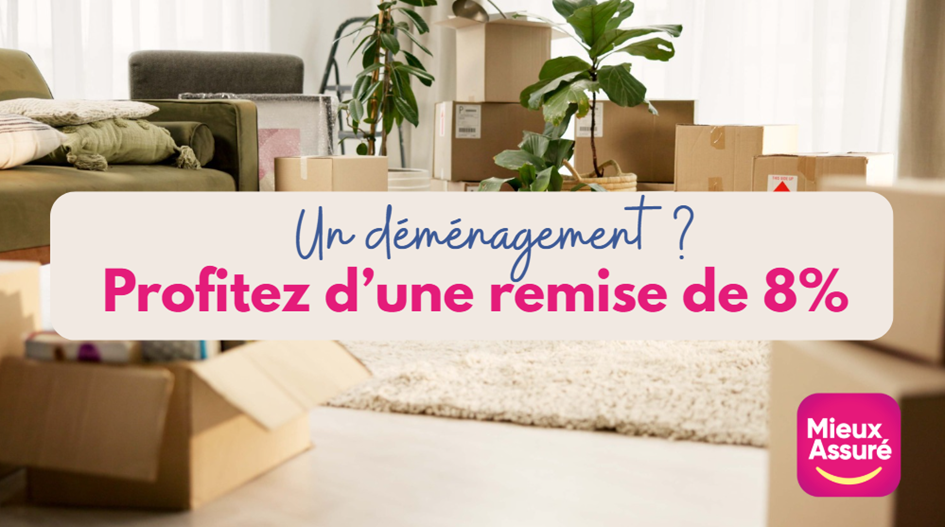 maison en fond avec des cartons et un bandeau avec une phrase "un déménagement, profitez d'une remise de 8%"